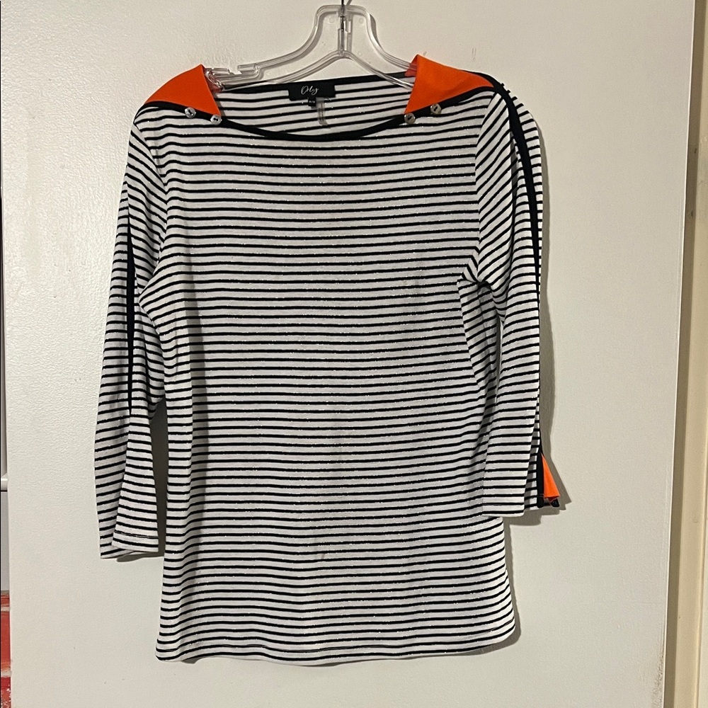 Orly black/white stripe with orange detail 3/4 sleeve tee